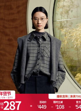 婉甸2025年冬季新品深岩石灰格纹烫钻重工宽松衬衫1244S04GS1