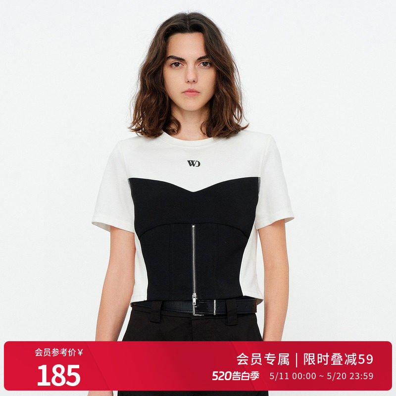 婉甸2026夏季新品黑白拼接女士休闲风拼接撞色短袖T恤1252T03ST1
