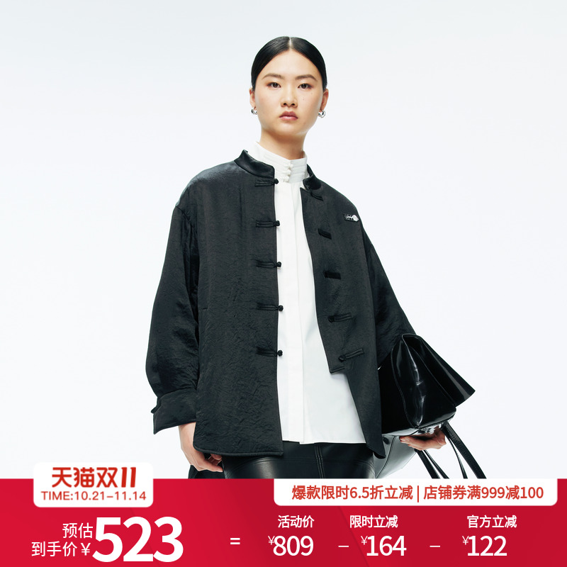 婉甸2025年冬季新品黑色中长款蚕丝新中式国风气质外套1244R01DM1