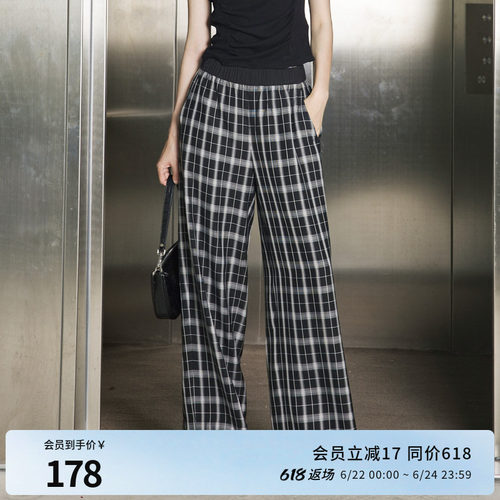 婉甸夏季黑色格形阔腿裤长款休闲裤1242P03SX1