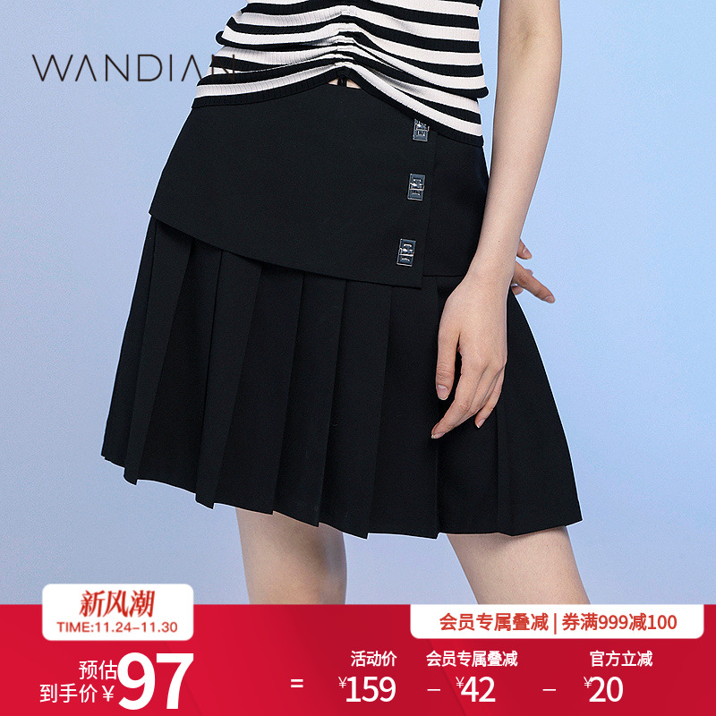 婉甸黑色不对称腰头A版百褶短裙