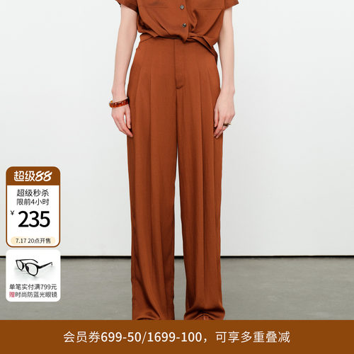 焦糖色压褶阔腿裤