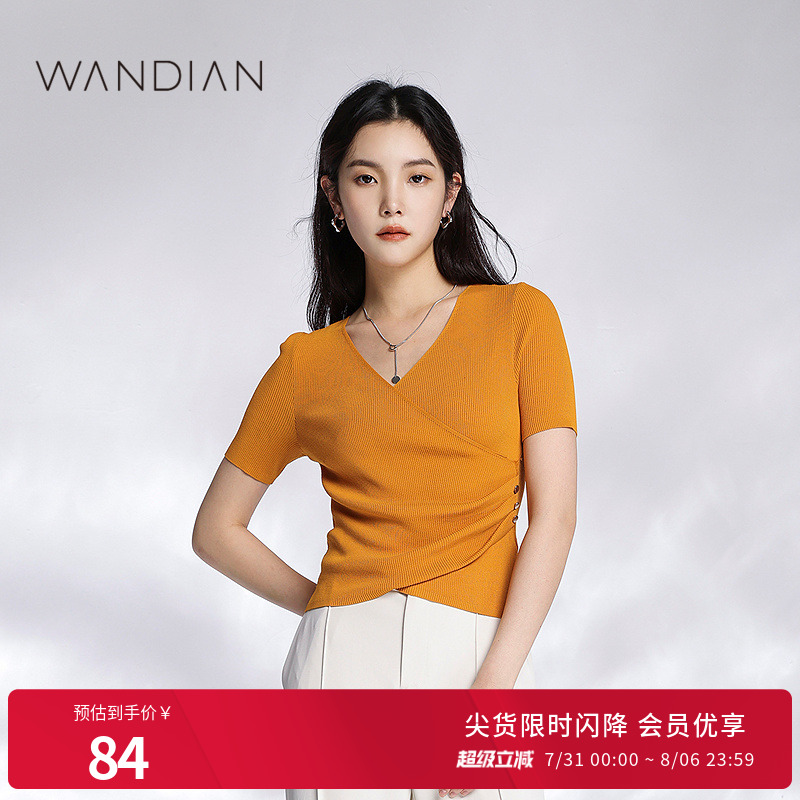 婉甸蜜饯橙围裹式毛织套头衫夏季新品V领收腰针织小衫1232W11SX2