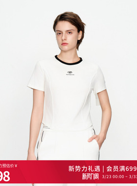 婉甸2025黑色/白色撞边领短袖T恤百搭风上衣1241T05SM4