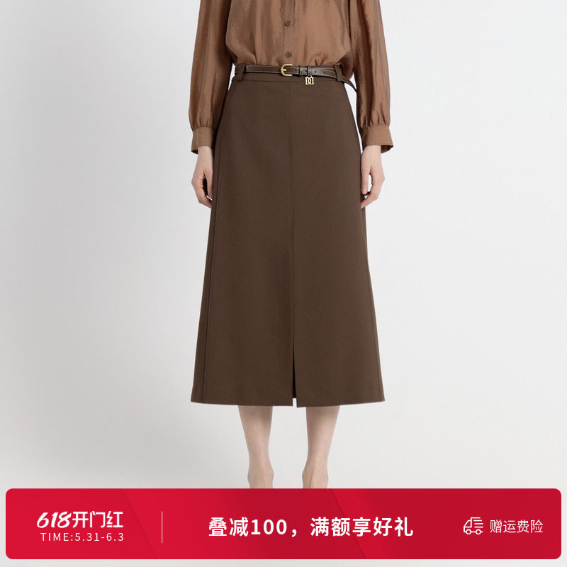 婉甸秋季古巴棕长包裙5%桑蚕丝毛织半裙1243K08MD3