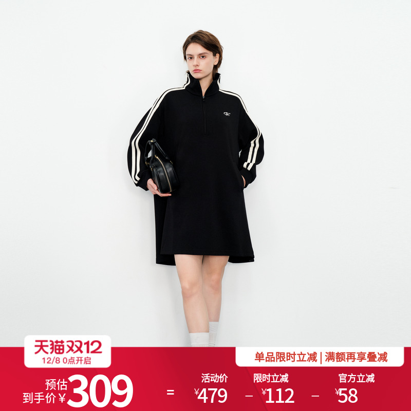 婉甸黑色长袖连衣裙运动风休闲款