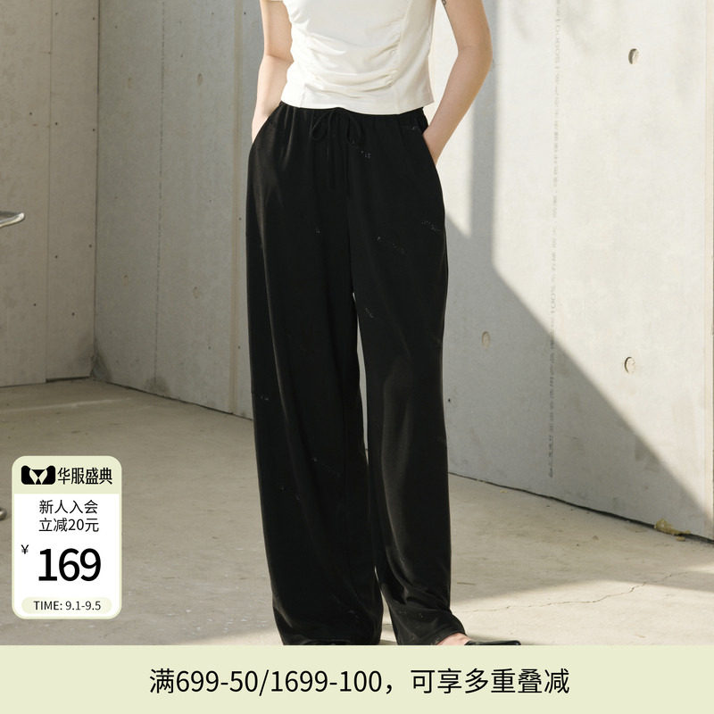 婉甸夏季黑色烫钻阔腿裤长款休闲裤1242P02SX1图片