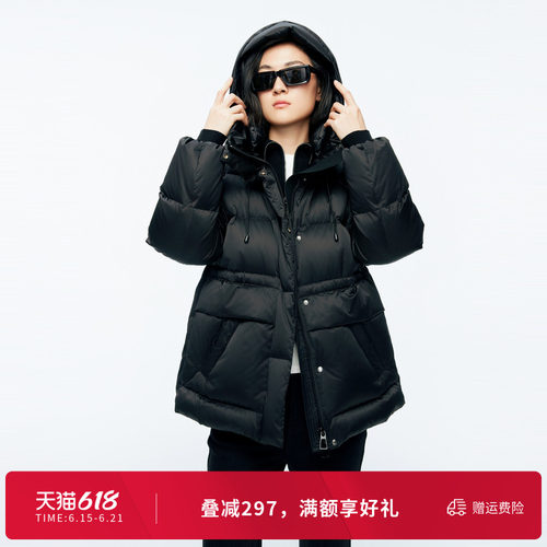 婉甸冬季黑色中长款女保暖带帽立领羽绒服1244D36SX5