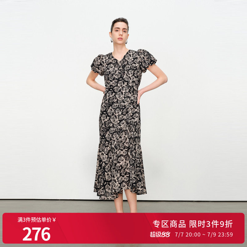 婉甸夏季黑白玫瑰花短袖连衣裙1242N80XD5