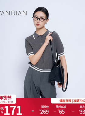 婉甸雪花灰Polo领撞边短袖毛织套头衫1233W03DS1