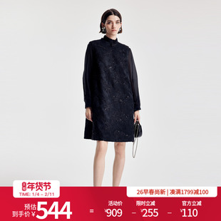 婉甸2026春季新品黑色立体提花盘扣领无袖连衣裙1251N01YJ1