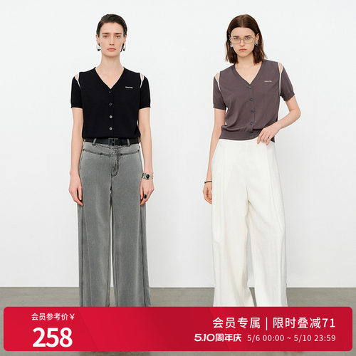 黑色/原生灰露肩毛织假开衫
