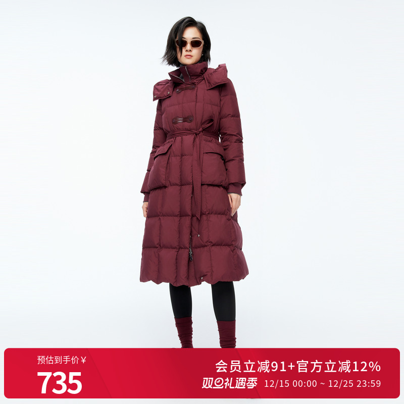 婉甸2025年冬季新品安可拉红女中长款收腰腰带羽绒服1244D18GS3