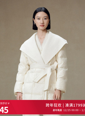婉甸2025年冬季新品奶油白双面呢拼接系带中长女羽绒服1244D09ZY2