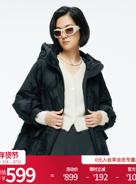 婉甸2025年冬季新品黑色剪花中长款外套连帽羽绒服女1244D03DM2