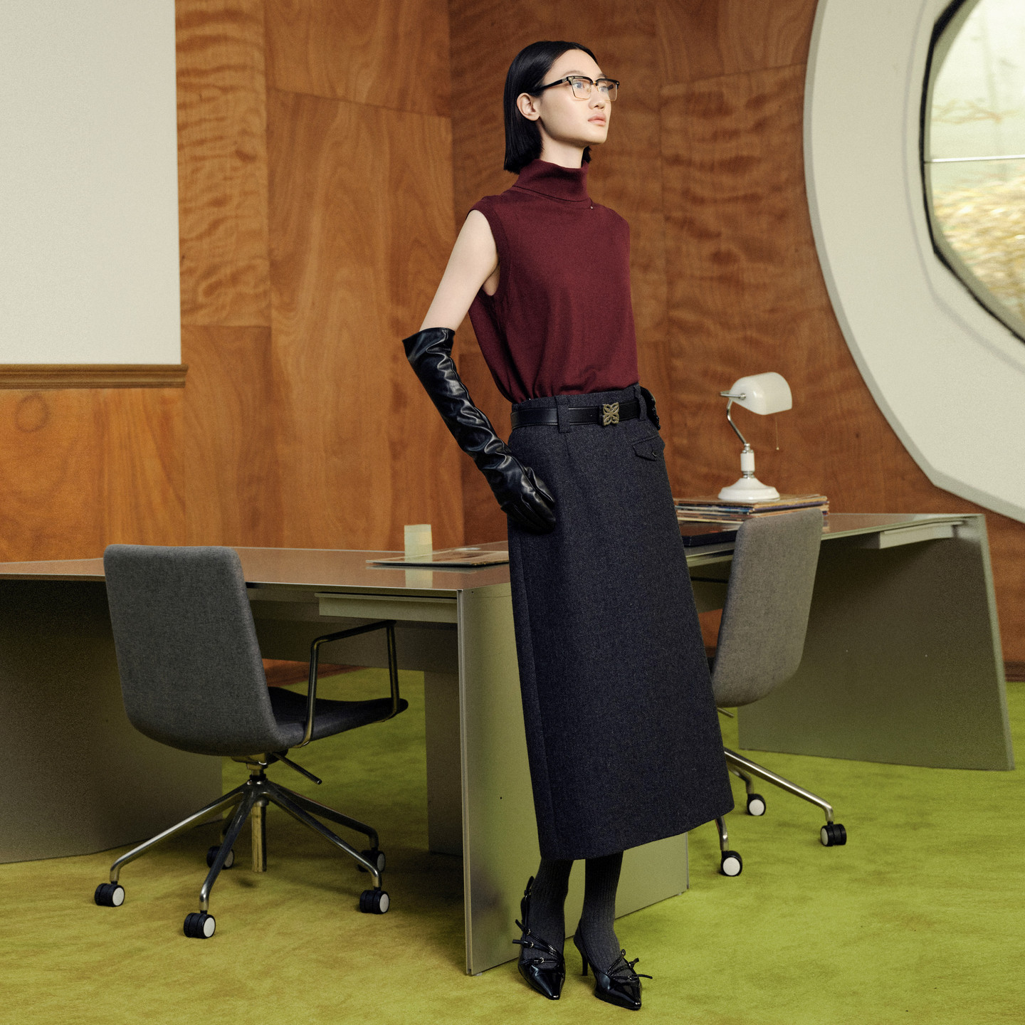 送腰带【45.1精纺羊毛】婉甸2025年冬新品灰黑人字纹长包裙半身裙