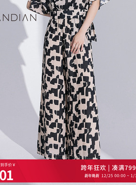 婉甸米黑色几何图形阔腿裤夏季新品高腰松紧腰头拖地裤1232P21RJ3