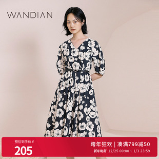 小V领拼色复古1232N07RS1 新品 婉甸复古虞美人印花短袖 连衣裙夏季