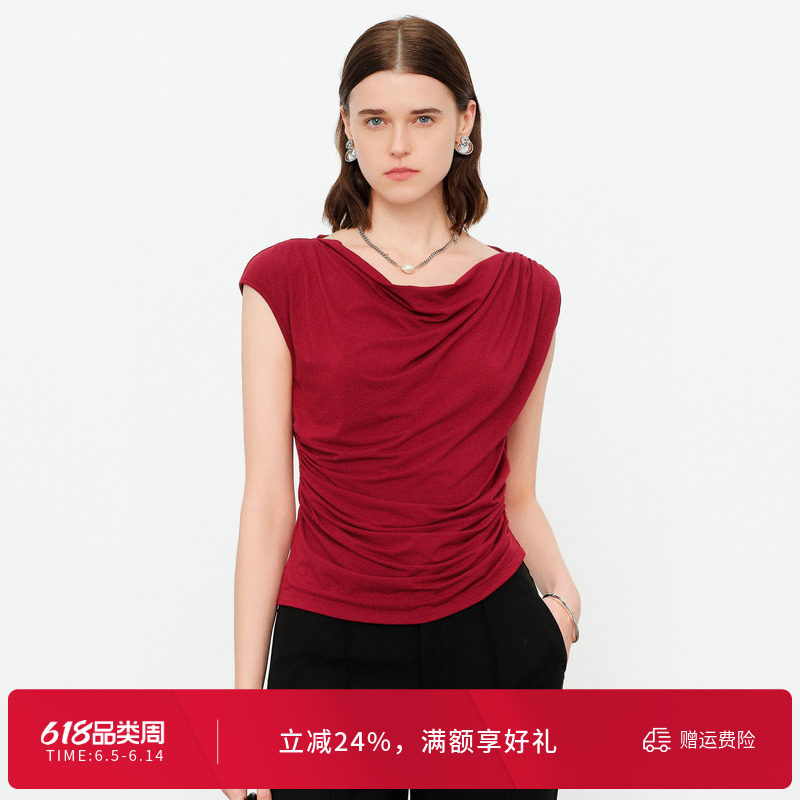 婉甸2026夏季新品马斯红短袖优雅风修身型纯色无袖T恤1252T07YJ3