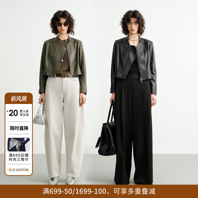 婉甸2026秋橄榄绿/黑色设计感斜拉链短款皮衣女外套1253O07FX4