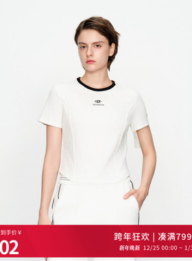 婉甸2025黑色/白色撞边领短袖T恤百搭风上衣1241T05SM4