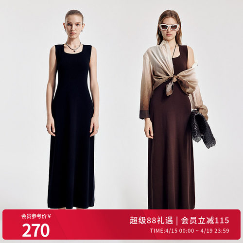婉甸2026春季新品黑色/橡木棕X型无袖毛织修身连衣裙1251N02YJ1