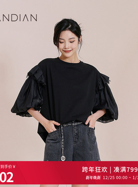 婉甸黑色拼接短袖T恤夏季新品睫毛蕾丝拼接泡泡袖小衫1232T08RS1