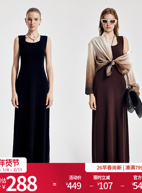 婉甸2026春季新品黑色/橡木棕X型无袖毛织修身连衣裙1251N02YJ1