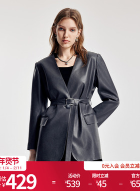 婉甸2026春季新品大象灰V领中长款西装H型系腰带皮外套1251Q03GX2