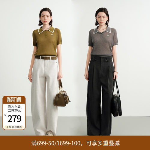 牧草绿镂空POLO领套头衫