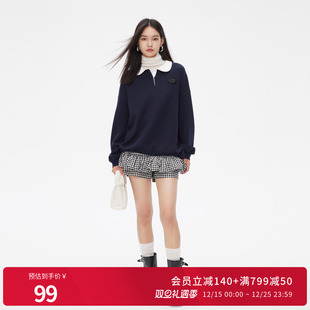 婉甸2025年秋新品 卫衣女MBC3Y03BLX 休闲娃娃领空气层撞色宽松长袖