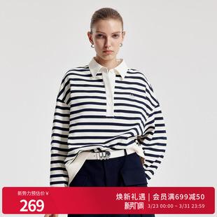 纯棉卫衣1251Y03SX2 藏青米白条纹卫衣H型长袖 婉甸2026春季 新品