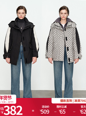 婉甸黑色雪山中长款鹅绒服冬季H型连帽羽绒服MBC4Z01SJX