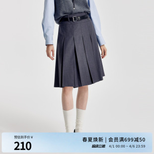 婉甸2026春季 岩石灰压褶中裙百褶裙学院风可爱短裙1251K07GX2 新品