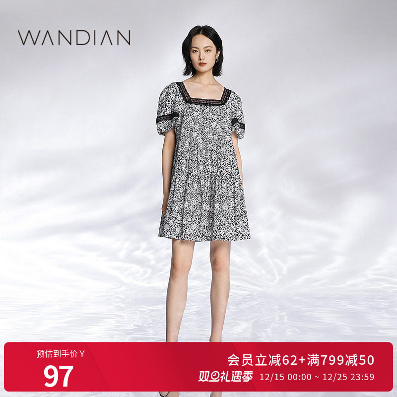 婉甸黑白碎花短袖连衣裙夏季新品方领宽松A版蕾丝花边1232N59SX4