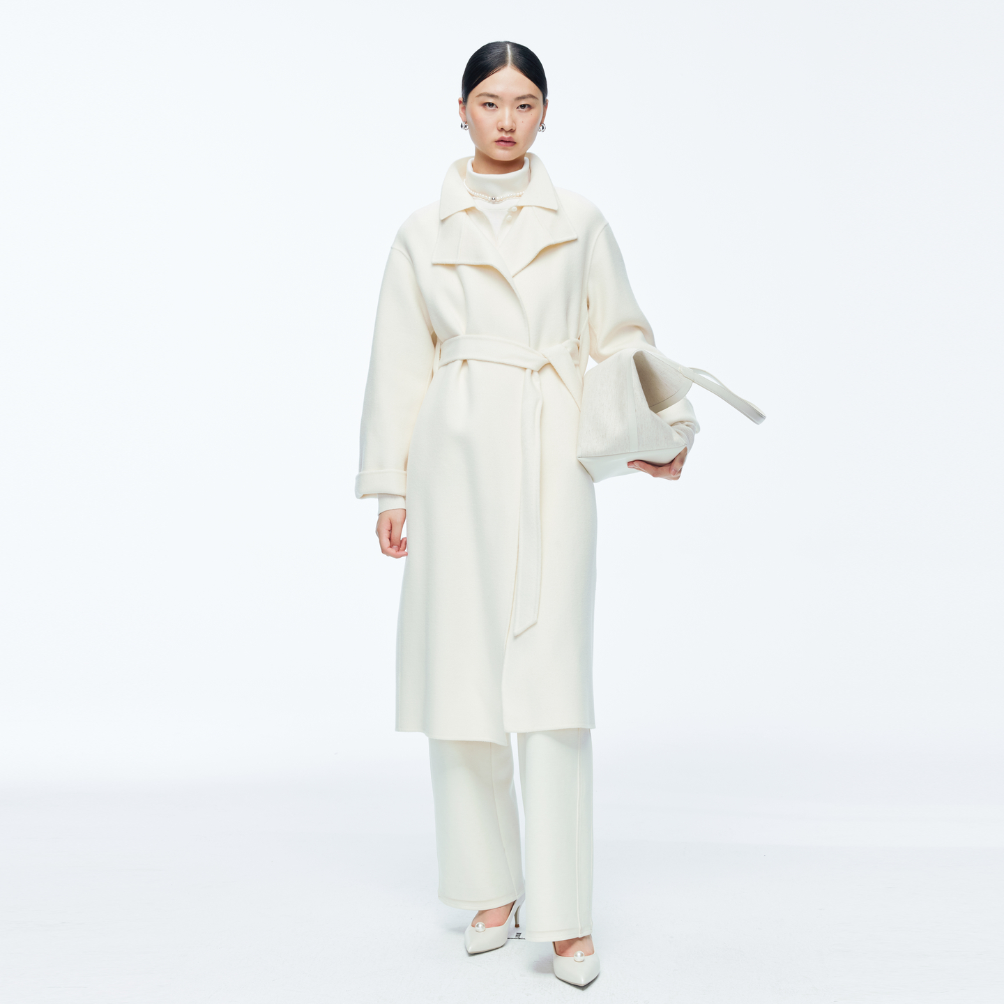 婉甸2025年新品冬季奶油白双面呢女中长款毛呢大衣1244C02DMB