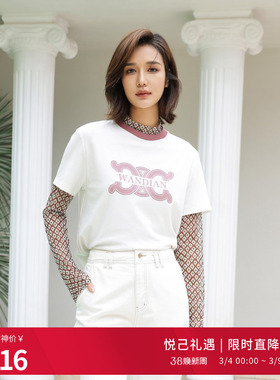 婉甸2025星球白短袖T恤通勤风撞色领口1241T01RS2YX