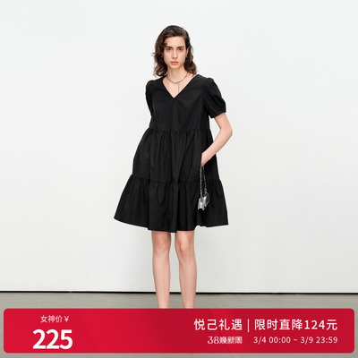 婉甸2025夏季新品黑色/克莱茵蓝短袖连衣裙1242N61SX2