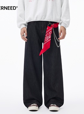 NEVERNEED原牛黑色拼接红线牛仔裤男女秋冬季美式宽松阔腿A字裤潮