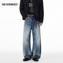 男女宽松战斗牛王微喇长裤 NEVERNEED美式 cleanfit立体猫须牛仔裤