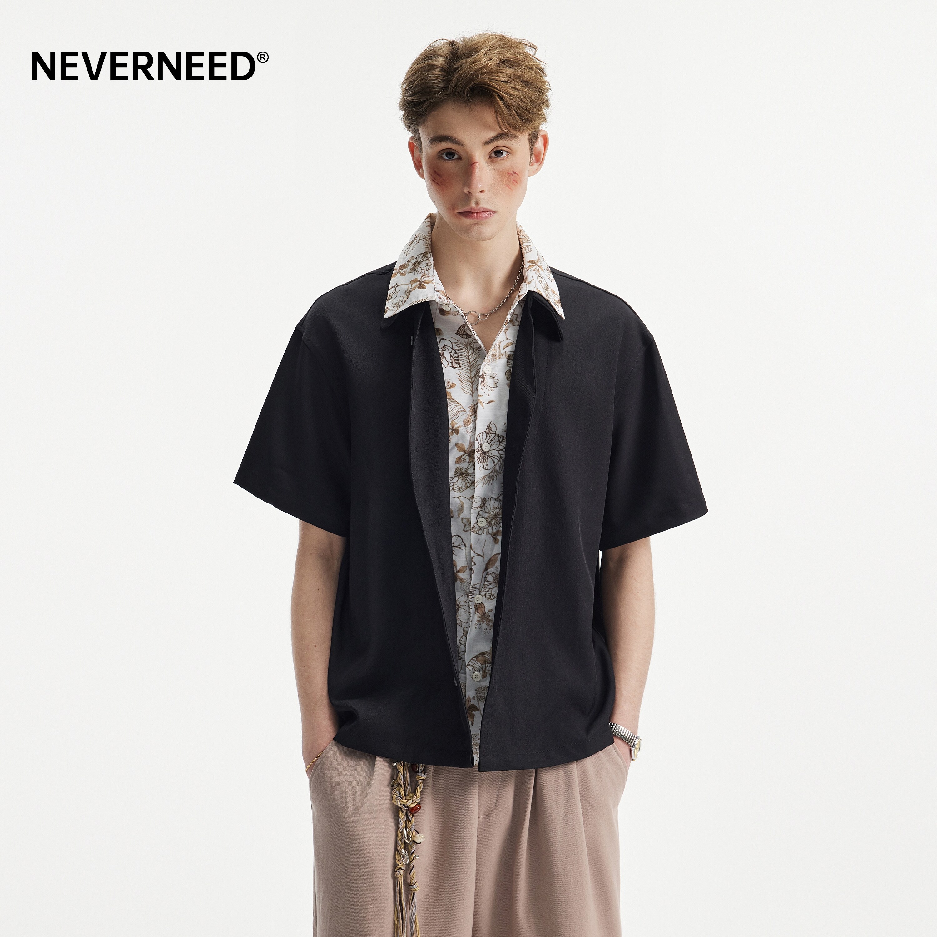 NEVERNEED假两件碎花翻领衬衫男图片