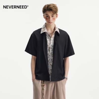 NEVERNEED假两件碎花翻领衬衫男