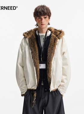 NEVERNEED座山雕解构毛领棉衣男女秋冬季美式复古休闲棉服外套潮