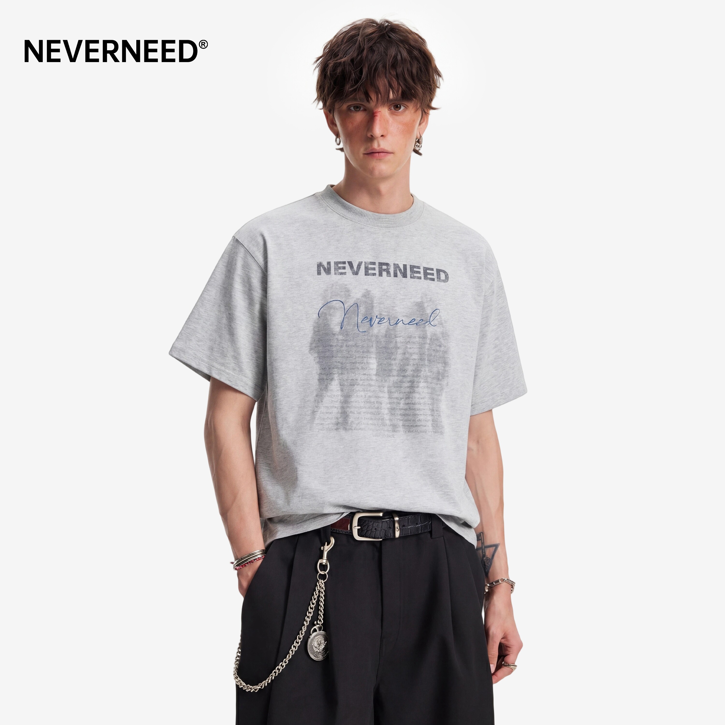 NEVERNEED字母印花圆领短袖T恤男图片