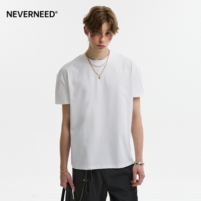 NEVERNEED纯色圆领正肩短袖T恤男