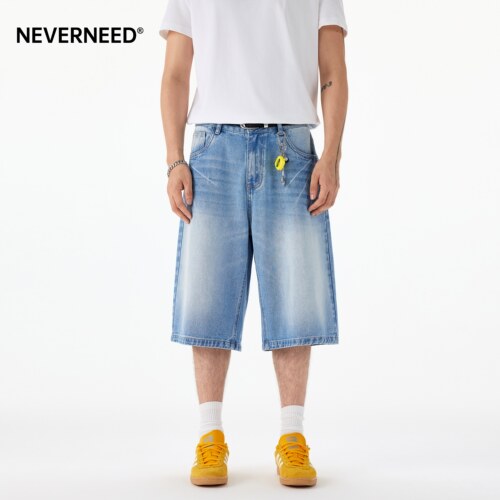 NEVERNEED猫须阔腿牛仔短裤男