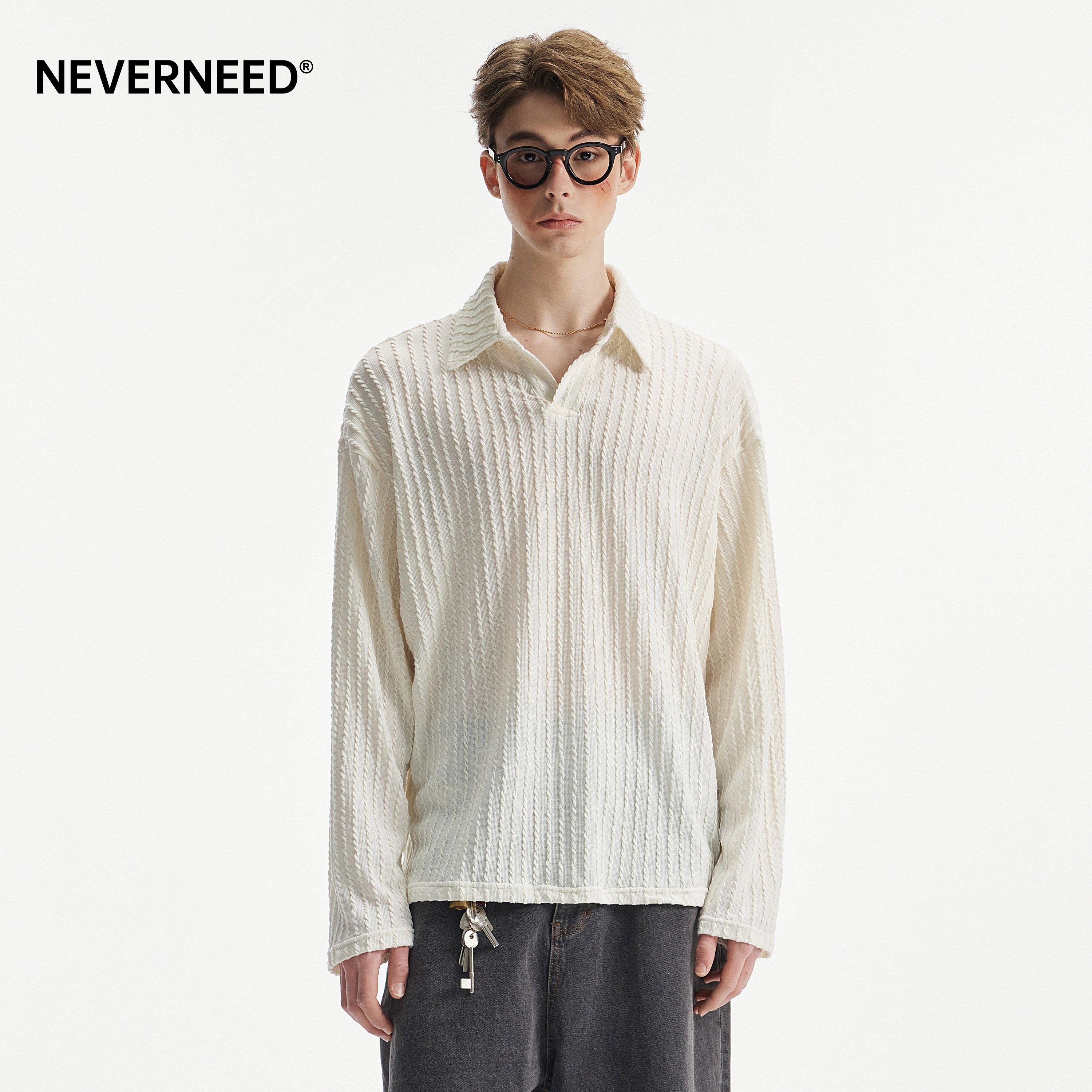 NEVERNEE麦穗纹长袖T恤男女春季美式复古老钱风休闲情侣Polo衫潮