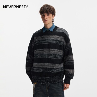 NEVERNEED撞色条纹圆领套头毛衣男秋季美式复古慵懒风宽松针织衫