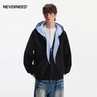 NEVERNEED重磅条纹绑带连帽开衫卫衣男春季美式cleanfit休闲外套