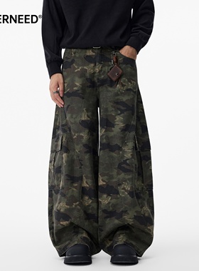 NEVERNEED迷彩工装裤休闲裤男秋季美式复古多口袋解构阔腿弯刀裤